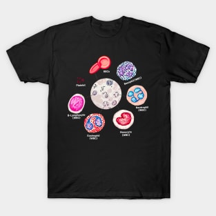 Blood cells. RBCs. WBCs, Basophil, Platelet, thrombocyte, Neutrophil, B-Lymphocyte, Monocyte, Eosinophil. T-Shirt